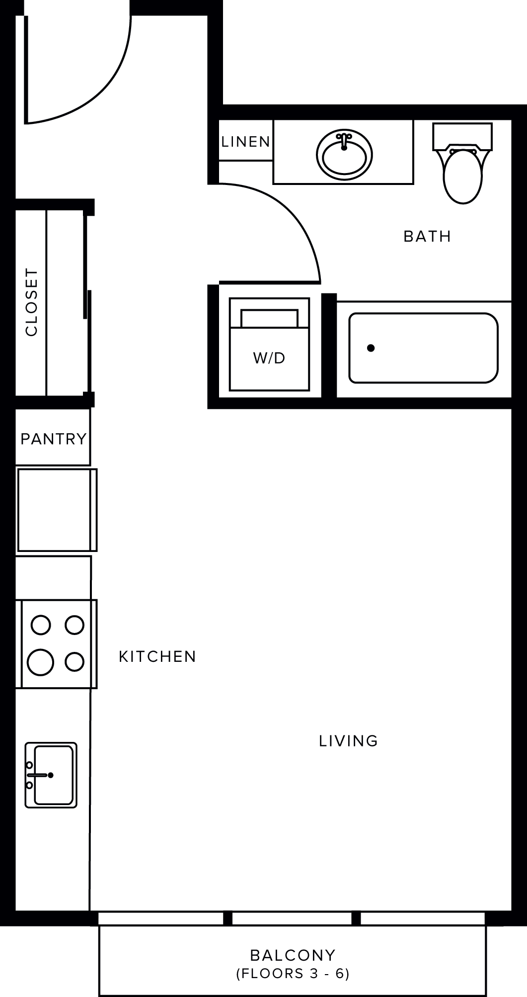 Floor plan for studio, 1 bath, 378 sqft